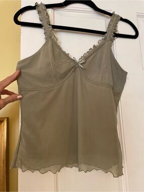 Madden Girl Olive Green Ruffle-Trim Camisole Y2K Babydoll Lined Tank Top